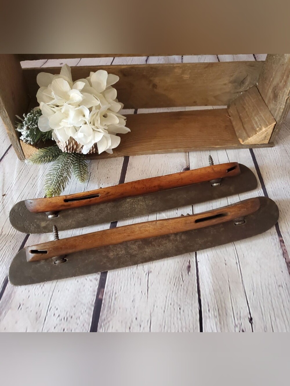 Antique Wooden And Cast Steel Ice Skates - Rustic Brown and Silver